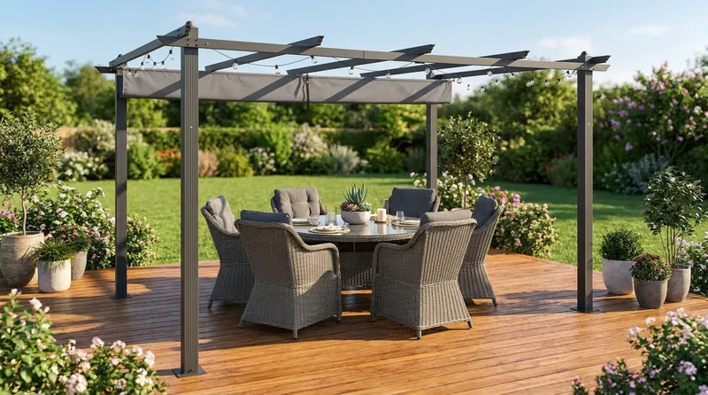 Porto stor pergola 4x3 m i aluminium med tak - Mørkgrå - Hagemøbler - Solbeskyttelse - Pergola