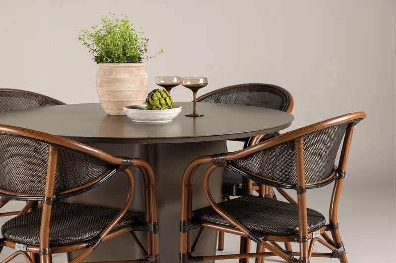 Santa Fe Spisegruppe Rund 120 cm + 4 stk Vila Spisestoler Svart/Brun - Hagemøbler - Hagegruppe - Spisegrupper hage