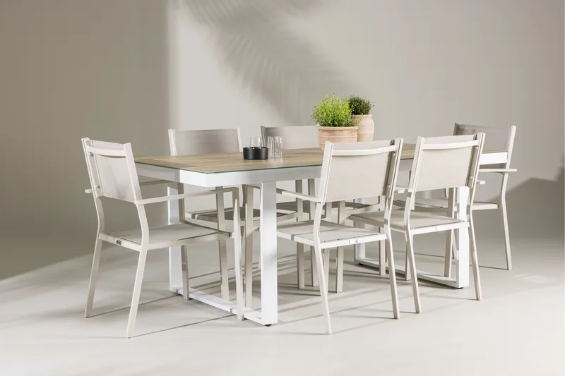 Merlo Spisegruppe 200 cm + 6 stk Copacabana Spisestoler Beige/Hvit - Hagemøbler - Hagegruppe - Spisegrupper hage