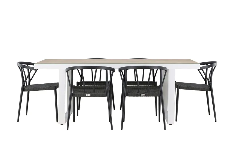 Merlo Spisegruppe 200 cm + 6 stk Stina Spisestoler Svart/Hvit - Hagemøbler - Hagegruppe - Spisegrupper hage