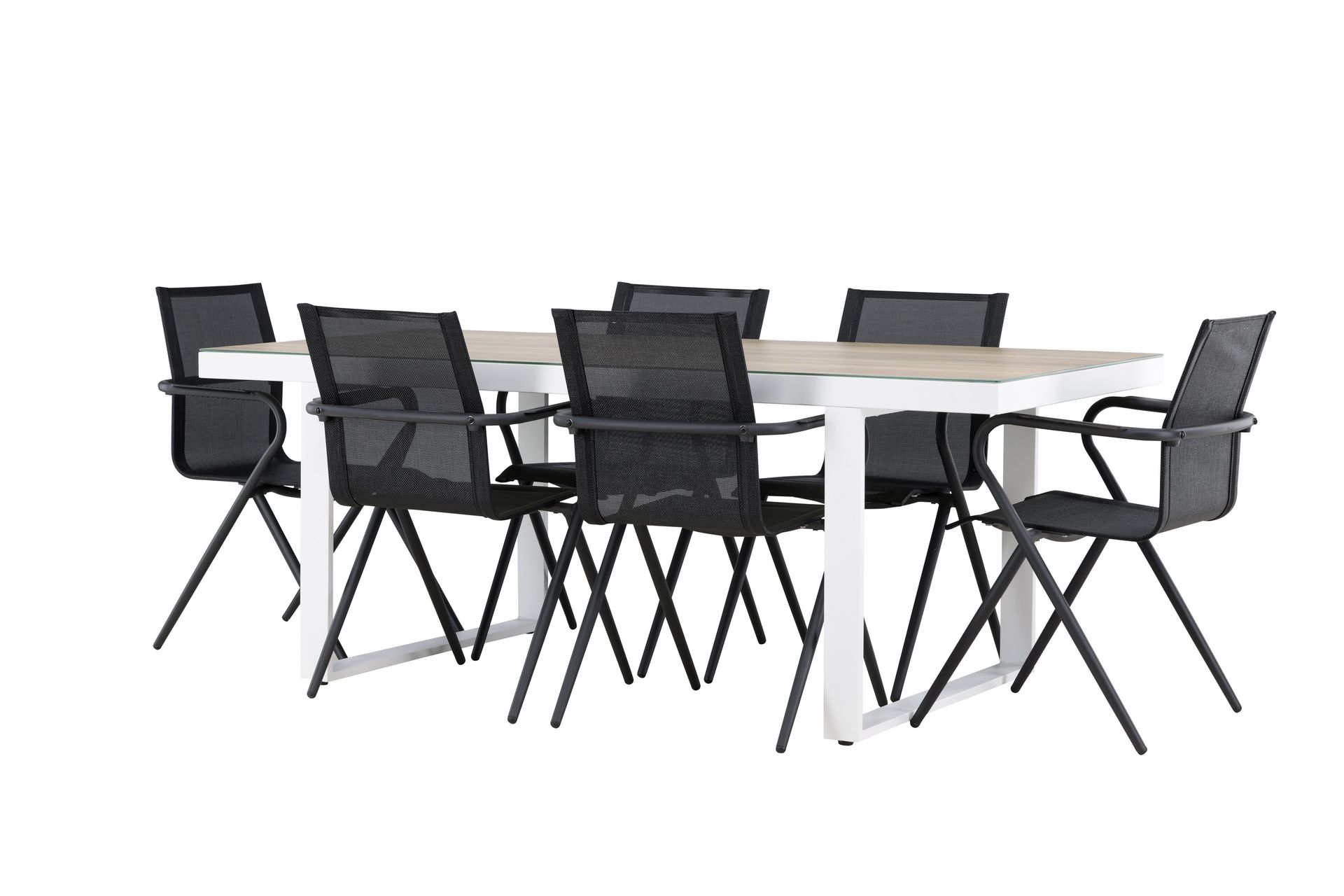Merlo Spisegruppe 200 cm + 6 stk Alling Spisestoler Svart/Hvit - Hagemøbler - Hagegruppe - Spisegrupper hage
