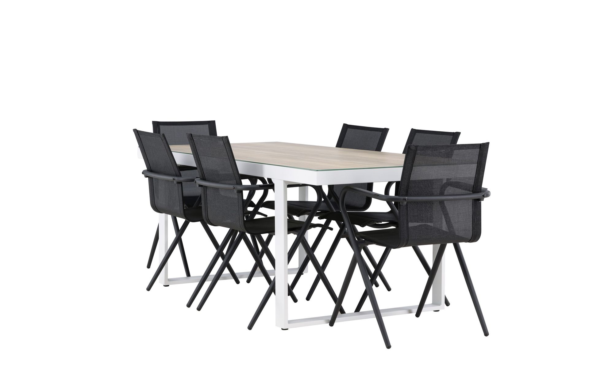 Merlo Spisegruppe 200 cm + 6 stk Alling Spisestoler Svart/Hvit - Hagemøbler - Hagegruppe - Spisegrupper hage
