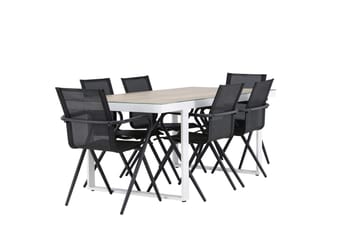 Merlo Spisegruppe 200 cm + 6 stk Alling Spisestoler Svart/Hvit - Hagemøbler - Hagegruppe - Spisegrupper hage