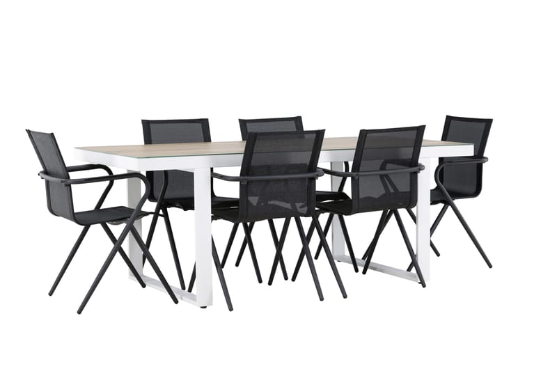 Merlo Spisegruppe 200 cm + 6 stk Alling Spisestoler Svart/Hvit - Hagemøbler - Hagegruppe - Spisegrupper hage