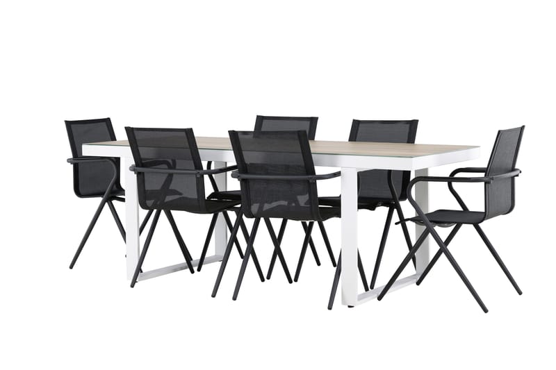 Merlo Spisegruppe 200 cm + 6 stk Alling Spisestoler Svart/Hvit - Hagemøbler - Hagegruppe - Spisegrupper hage
