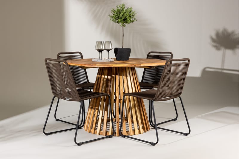 Lumpur Spisegruppe Rund 120 cm + 4 stk Lindos Spisestoler Brun - Hagemøbler - Hagegruppe - Spisegrupper hage