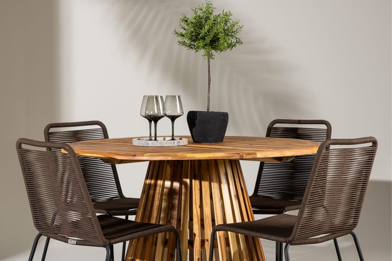 Lumpur Spisegruppe Rund 120 cm + 4 stk Lindos Spisestoler Brun - Hagemøbler - Hagegruppe - Spisegrupper hage