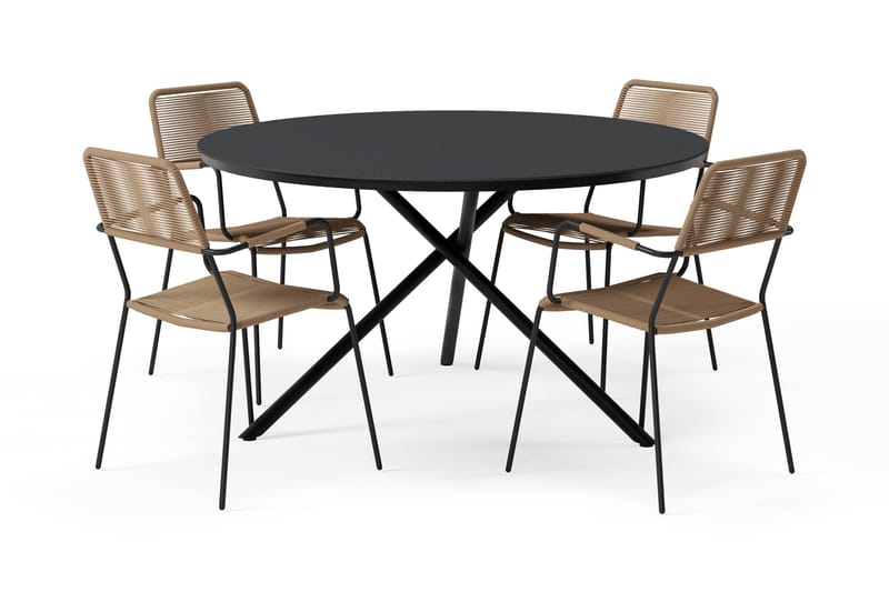 Alex Rundt Spisebord 140 cm med 4 Lindos Spisestoler - Svart - Hagemøbler - Hagegruppe - Spisegrupper hage