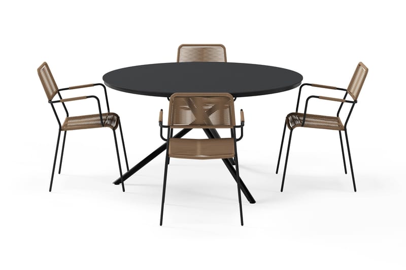 Alex Rundt Spisebord 140 cm med 4 Lindos Spisestoler - Svart - Hagemøbler - Hagegruppe - Spisegrupper hage