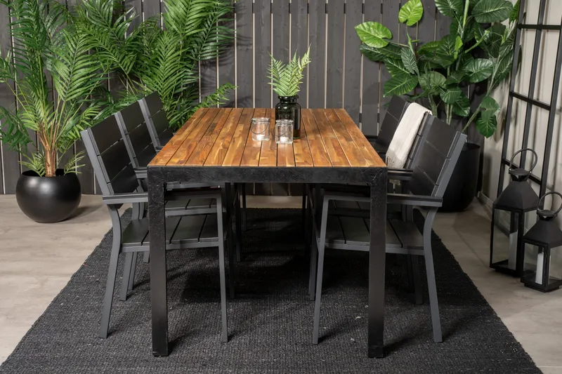 Bois Spisegruppe 200cm + 6 Levels Stablebare Spisestoler, Svart