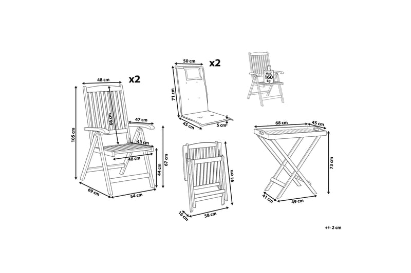 Balkongsett bord og to stoler med puter TOSCANA - Tre / Natur - Balkonggrupper - Cafesett