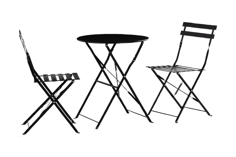 Brunshuse Cafésett 60 cm Rundt + 2 Klappstoler - Svart - Hagemøbler - Hagegruppe - Cafesett