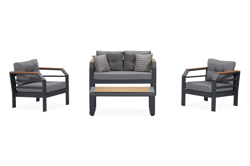 Lassento Cafésett 137 cm + 2-seters Sofa + 2 Lenestoler, Grå / Svart