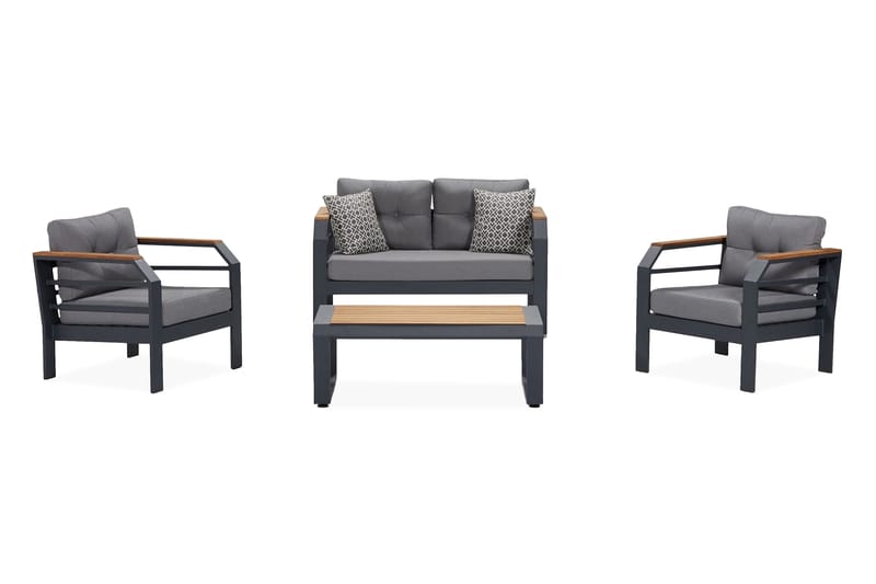 Lassento Cafésett 137 cm + 2-seters Sofa + 2 Lenestoler, Grå / Svart