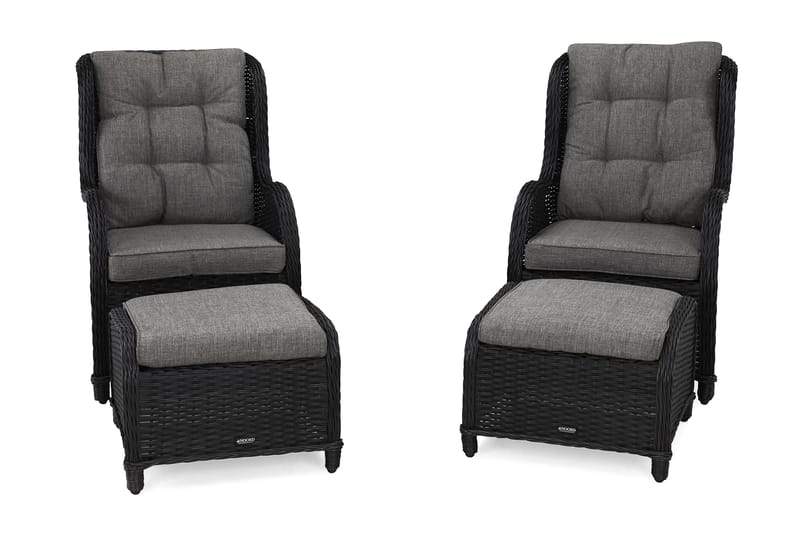 Marcus Ørelapplenestol med Fotskammel m Pute 2-pk - Svart - Hagemøbler - Balkong - Balkongmøbler - Balkonggrupper