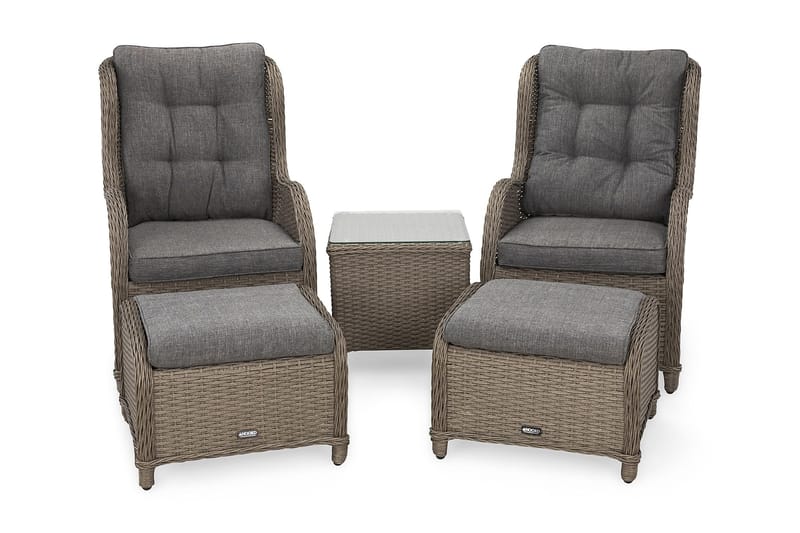 Marcus Cafésett med 2 Ørelapplenestoler m Fotskammel + Pute - Grå - Hagemøbler - Balkong - Balkongmøbler - Balkonggrupper