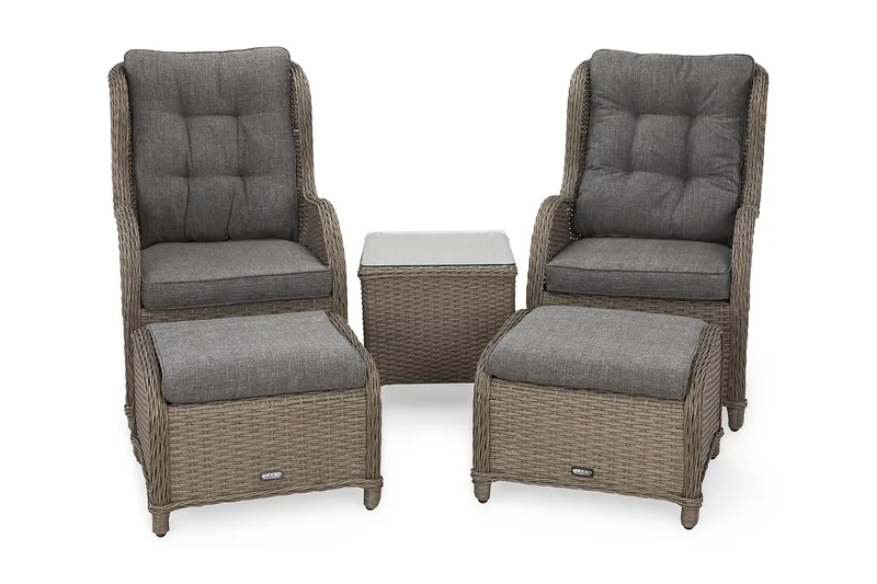 Marcus Cafésett med 2 Ørelapplenestoler m Fotskammel + Pute - Grå - Hagemøbler - Balkong - Balkongmøbler - Balkonggrupper