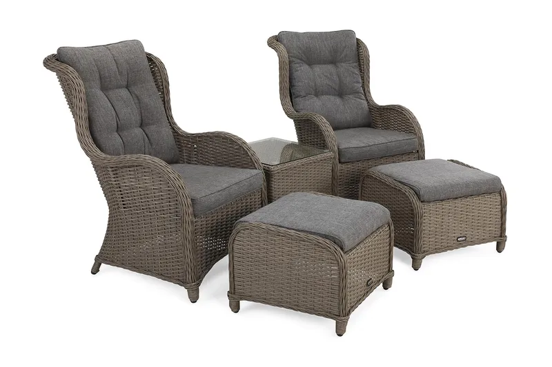 Marcus Cafésett med 2 Ørelapplenestoler m Fotskammel + Pute - Grå - Hagemøbler - Balkong - Balkongmøbler - Balkonggrupper