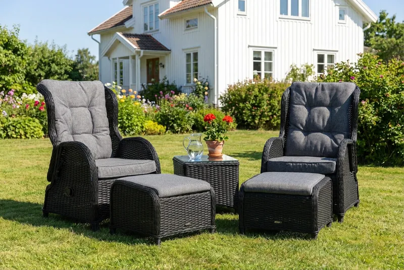 Marcus Cafésett med 2 Reclinerlenestoler m Pute - Svart - Hagemøbler - Hagegruppe - Cafesett