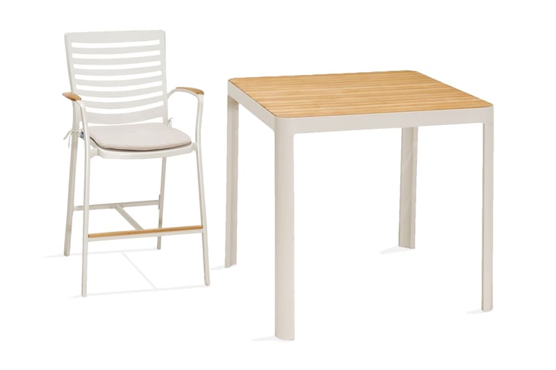 Portals Bargruppe 95 cm + Barstol - Hvit/Teak - Hagemøbler - Balkong - Balkongmøbler - Balkonggrupper