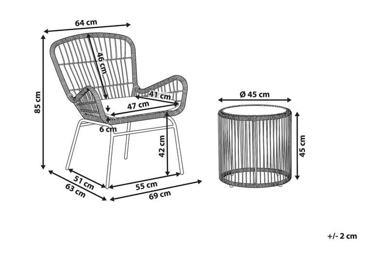 Svanninge Cafésett Rundt 69 cm + 2 Stoler - Brun/Lysegrå/Kunstrotting - Balkonggrupper - Cafesett