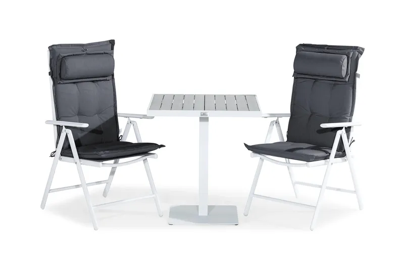 Tunis Cafésett 70x70 + 2 Maggie Posisjonsstol m Pute, Hvit/Grå