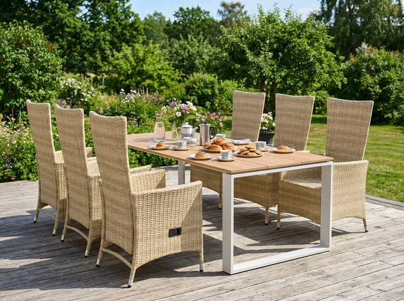 Devon utendørs spisegruppe 210x100 cm med 6 Jenny spisestoler - Beige/teak - Hagemøbler - Hagegruppe - Spisegrupper hage