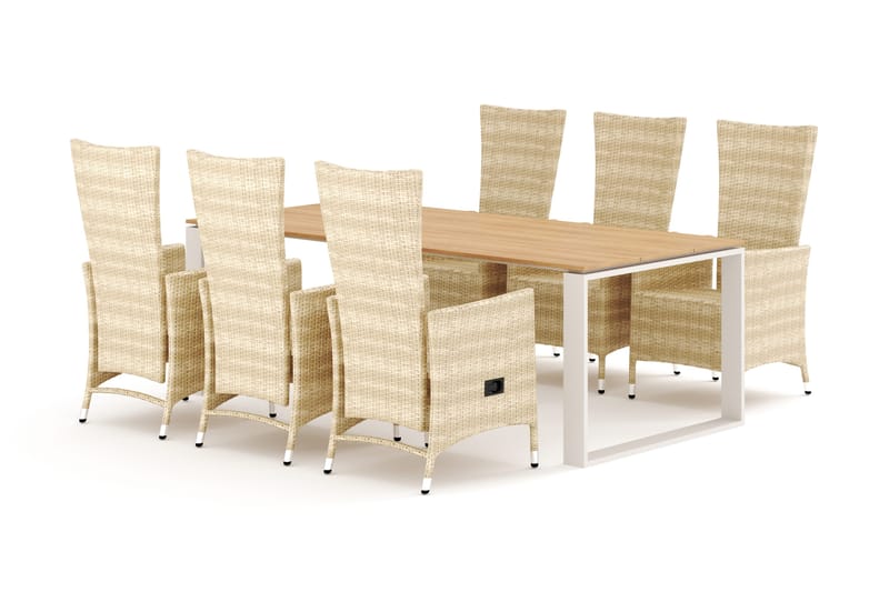 Devon utendørs spisegruppe 210x100 cm med 6 Jenny spisestoler, Beige/teak