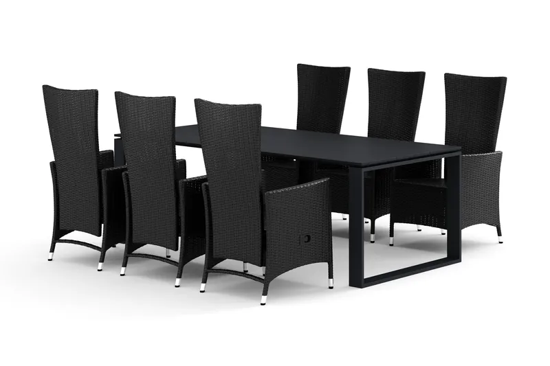 Devon utendørs spisegruppe 210x100 cm med 6 Jenny spisestoler, Svart