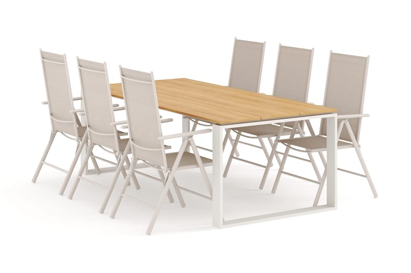 Devon utendørs spisegruppe 210x100 cm med 6 Maggie regulerbare stoler, Beige/teak