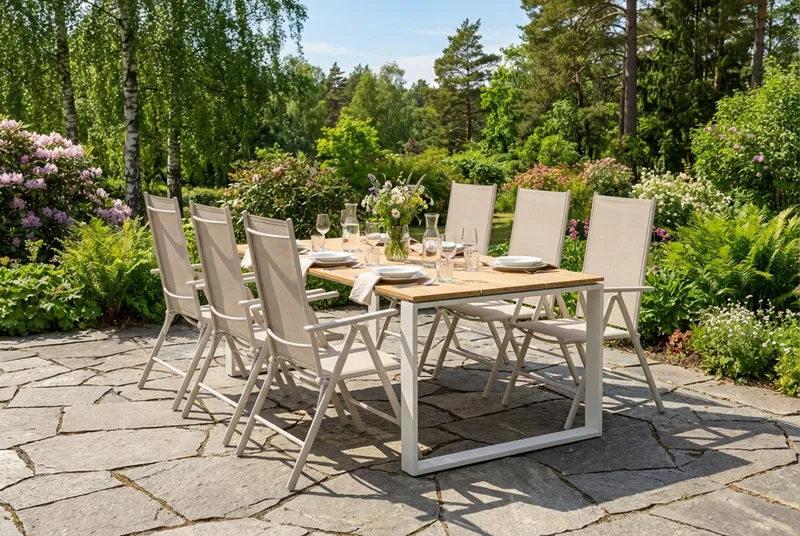 Devon utendørs spisegruppe 210x100 cm med 6 Maggie regulerbare stoler - Beige/teak - Hagemøbler - Hagegruppe - Spisegrupper hage