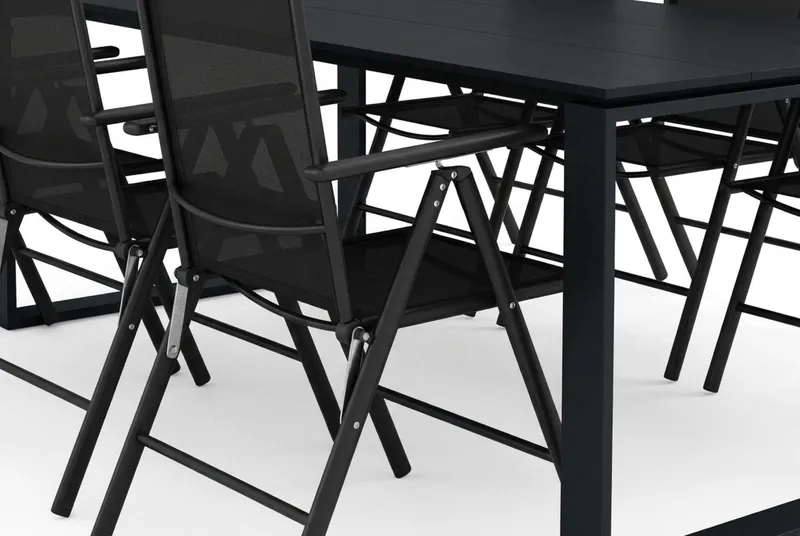 Devon utendørs spisegruppe 210x100 cm med 6 Maggie regulerbare stoler - Svart - Hagemøbler - Hagegruppe - Spisegrupper hage