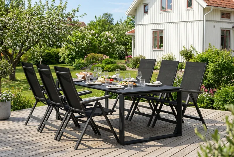 Devon utendørs spisegruppe 210x100 cm med 6 Monaco Light regulerbare stoler - Svart - Hagemøbler - Hagegruppe - Spisegrupper hage