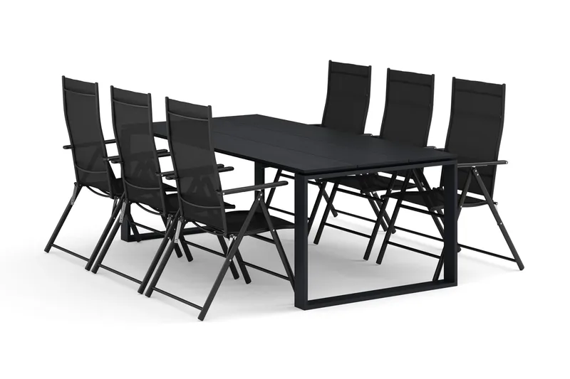 Devon utendørs spisegruppe 210x100 cm med 6 regulerbare stoler, Svart