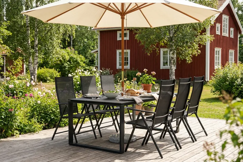 Devon utendørs spisegruppe 210x100 cm med 6 regulerbare stoler - Svart - Hagemøbler - Hagegruppe - Spisegrupper hage