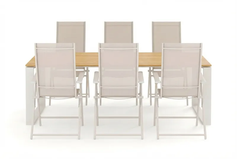 Devon utendørs spisegruppe 210x100 cm med 6 Sanna regulerbare stoler - Beige/teak - Hagemøbler - Hagegruppe - Spisegrupper hage