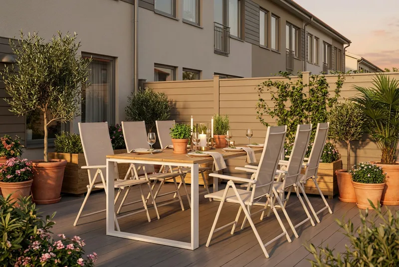 Devon utendørs spisegruppe 210x100 cm med 6 Sanna regulerbare stoler - Beige/teak - Hagemøbler - Hagegruppe - Spisegrupper hage