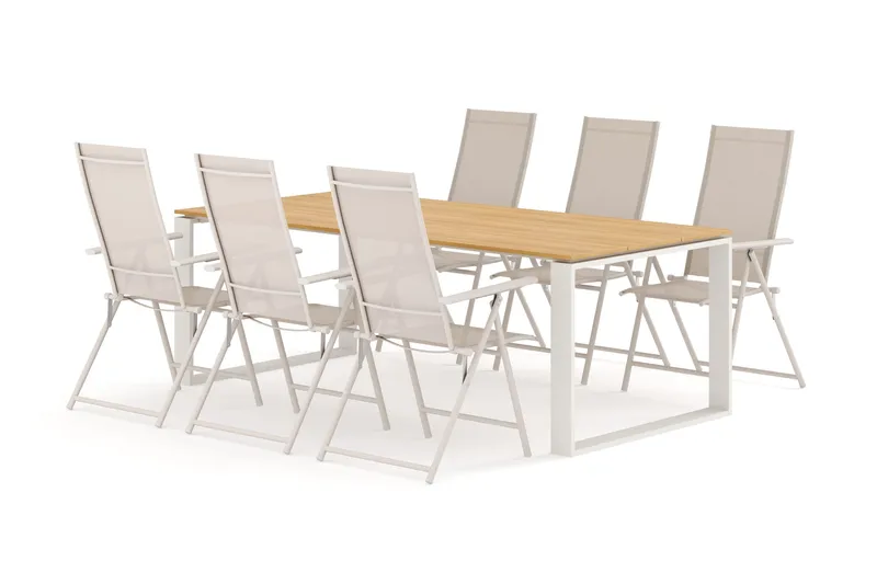 Devon utendørs spisegruppe 210x100 cm med 6 Sanna regulerbare stoler, Beige/teak