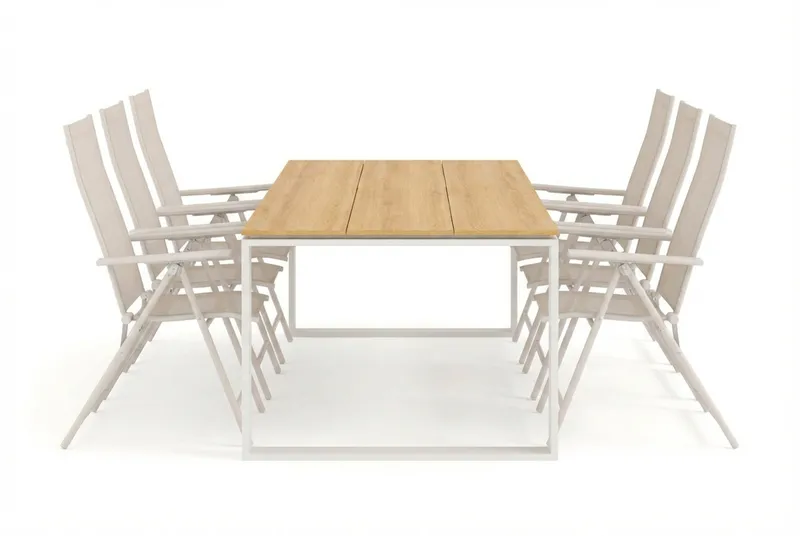 Devon utendørs spisegruppe 210x100 cm med 6 Sanna regulerbare stoler - Beige/teak - Hagemøbler - Hagegruppe - Spisegrupper hage