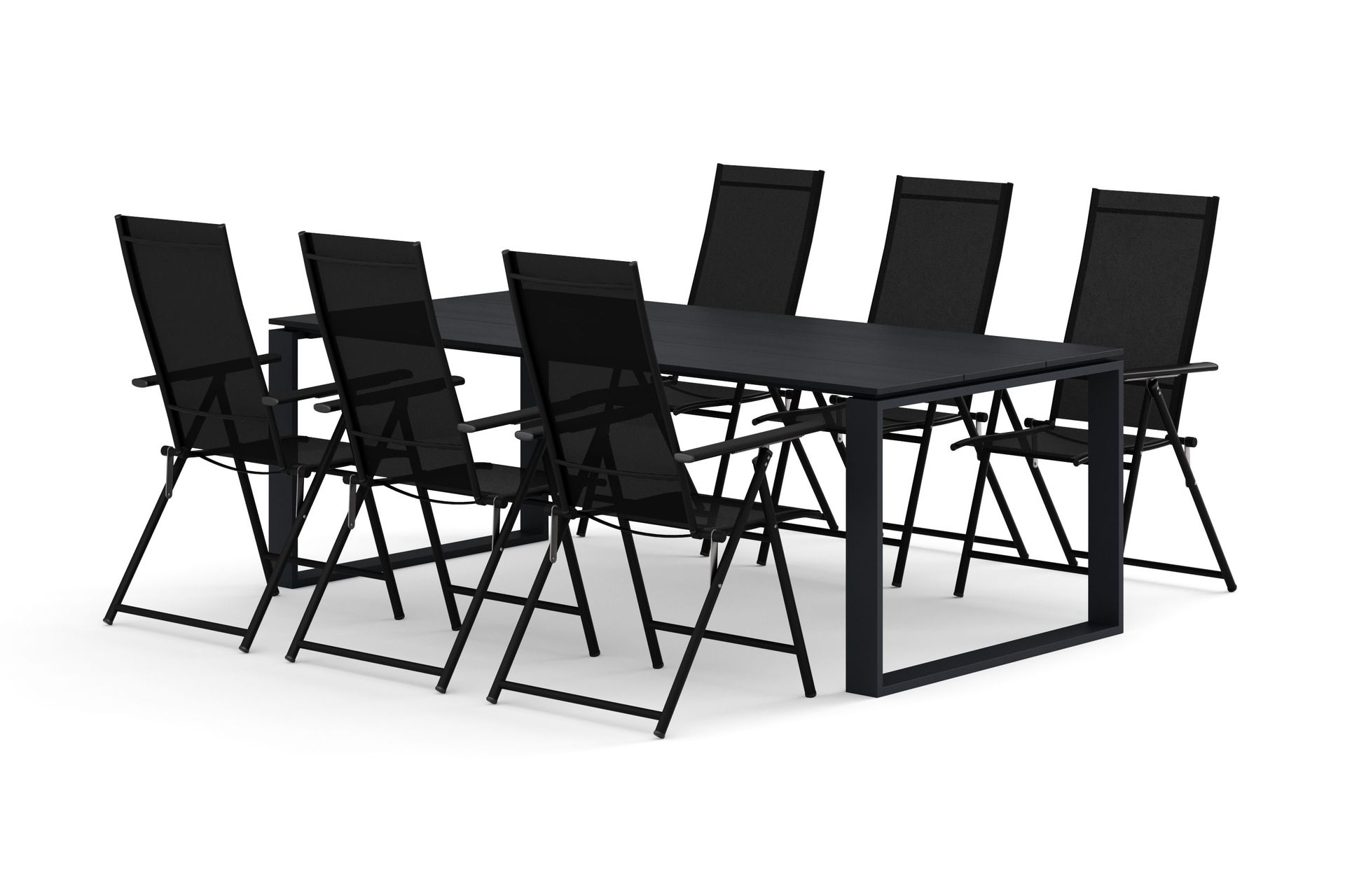 Devon utendørs spisegruppe 210x100 cm med 6 Sanna regulerbare stoler - Svart