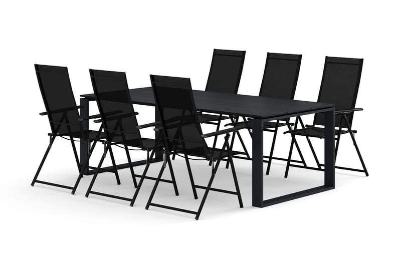 Devon utendørs spisegruppe 210x100 cm med 6 Sanna regulerbare stoler, Svart