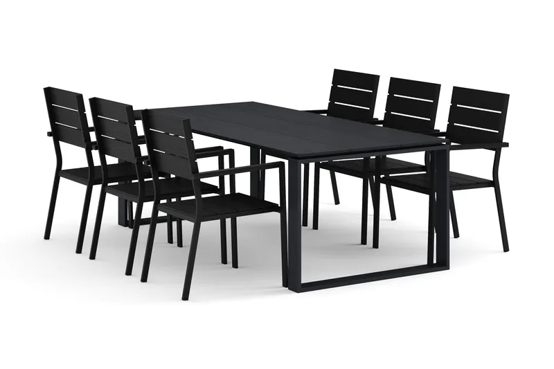 Devon utendørs spisegruppe 210x100 cm med 6 stablebare Tunis-stoler, Svart