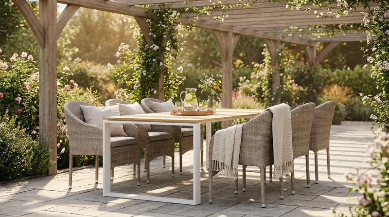 Devon utendørs spisegruppe 210x100 cm med 6 Thor lenestoler - Beige/teak - Hagemøbler - Hagegruppe - Spisegrupper hage