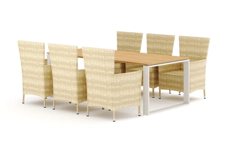 Devon utendørs spisegruppe 210x100 cm med 6 Thor lenestoler, Beige/Teak