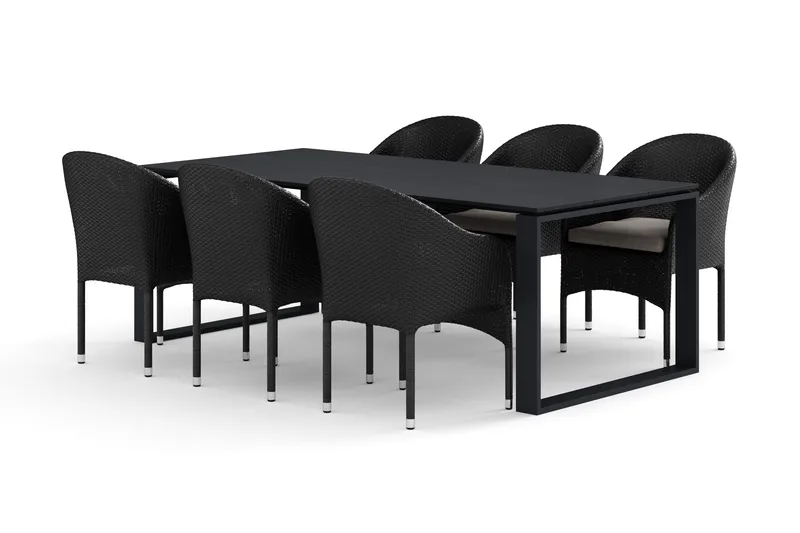 Devon utendørs spisegruppe 210x100 cm med 6 Thor lenestoler, Svart