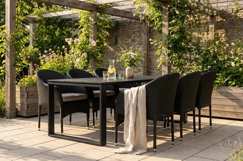 Devon utendørs spisegruppe 210x100 cm med 6 Thor lenestoler - Svart - Hagemøbler - Hagegruppe - Spisegrupper hage