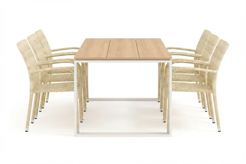 Devon utendørs spisegruppe 210x100 cm med 6 Thor Light utendørs lenestoler - Beige/teak - Hagemøbler - Hagegruppe - Spisegrupper hage