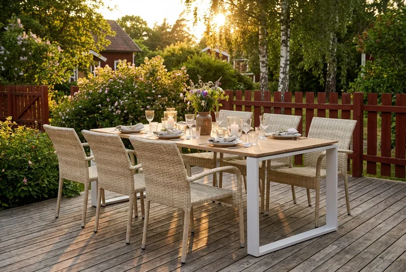 Devon utendørs spisegruppe 210x100 cm med 6 Thor Light utendørs lenestoler - Beige/teak - Hagemøbler - Hagegruppe - Spisegrupper hage