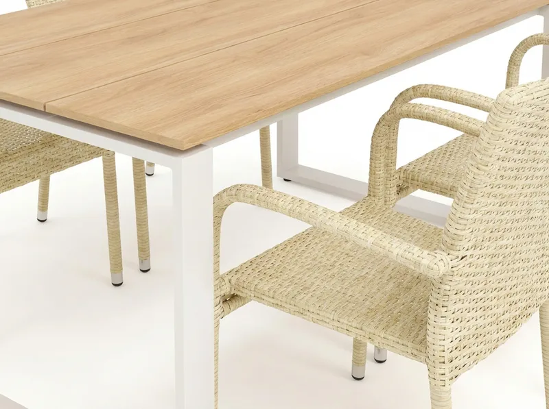 Devon utendørs spisegruppe 210x100 cm med 6 Thor Light utendørs lenestoler - Beige/teak - Hagemøbler - Hagegruppe - Spisegrupper hage