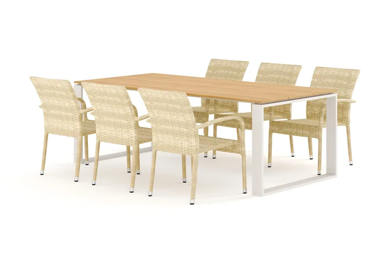 Devon utendørs spisegruppe 210x100 cm med 6 Thor Light utendørs lenestoler, Beige/Teak